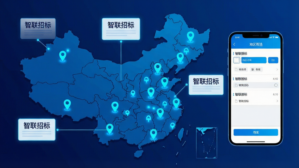 一张以中国地图为背景的扁平化插画,地图上分布着多个发光的蓝色定位点,每个定位点延伸出一条细线连接到一个悬浮的招标公告卡片,卡片上隐约可见“智联招标”字样。画面右侧是一部手机,屏幕内显示地区筛选界面。整体风格现代、科技感强,色彩以深蓝和亮蓝为主,布局清晰,细节精致,画质干净,无多余元素。