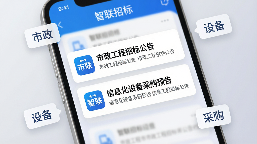 一部手机屏幕特写,显示智联招标APP的消息推送界面,屏幕中央弹出两条通知卡片,卡片标题为“市政工程招标公告”和“信息化设备采购预告”,卡片左侧有智联招标的小图标。背景为柔和的浅灰色渐变,手机周围散落着几个关键词标签“市政”“设备”“采购”。风格简洁现代,色彩以白色和蓝色为主,细节清晰,画质干净,无多余元素。