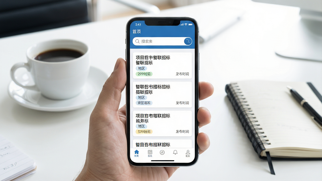一张展示智联招标手机应用主界面的场景图,画面中央是一部竖屏智能手机,屏幕内显示智联招标APP的首页,页面顶部有搜索框,中部是招标公告列表卡片,每条卡片包含项目标题、地区标签和发布时间,底部有导航栏。背景为明亮的办公室桌面,旁边放着一杯咖啡和一本笔记本,整体风格简洁商务,色彩以蓝色和白色为主,细节清晰,画质干净,无多余元素。