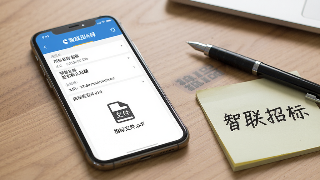 一部横屏放置的智能手机,屏幕内展示智联招标APP的项目详情页,页面包含项目名称、预算金额、报名截止日期等字段,下方有一个文件图标标注“招标文件.pdf”。手机旁边放着一支笔和一张便签纸,便签纸上写着“智联招标”四个字。背景为木质桌面,光线柔和,风格商务沉稳,细节丰富,画质干净,无多余元素。