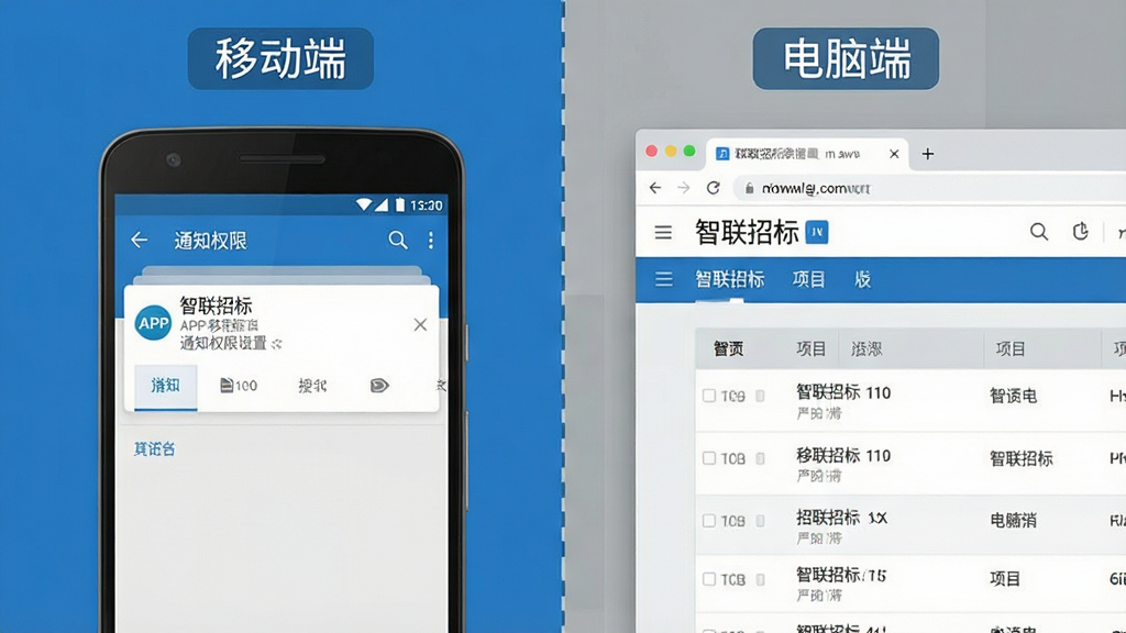 一张分屏对比图,左侧是安卓手机屏幕,显示智联招标APP的通知权限设置界面;右侧是电脑浏览器界面,显示智联招标网页版的项目列表。中间用一条虚线分隔,上方有“移动端”和“电脑端”两个标签。整体风格简洁明了,色彩以蓝色和灰色为主,布局清晰,细节干净,无多余元素。