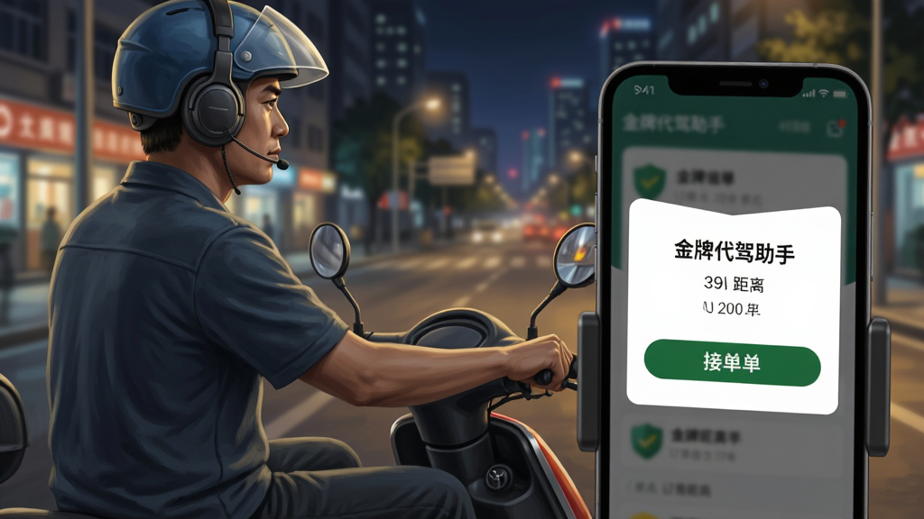 画面主体为代驾司机佩戴耳机骑行电动车的场景,手机支架上显示