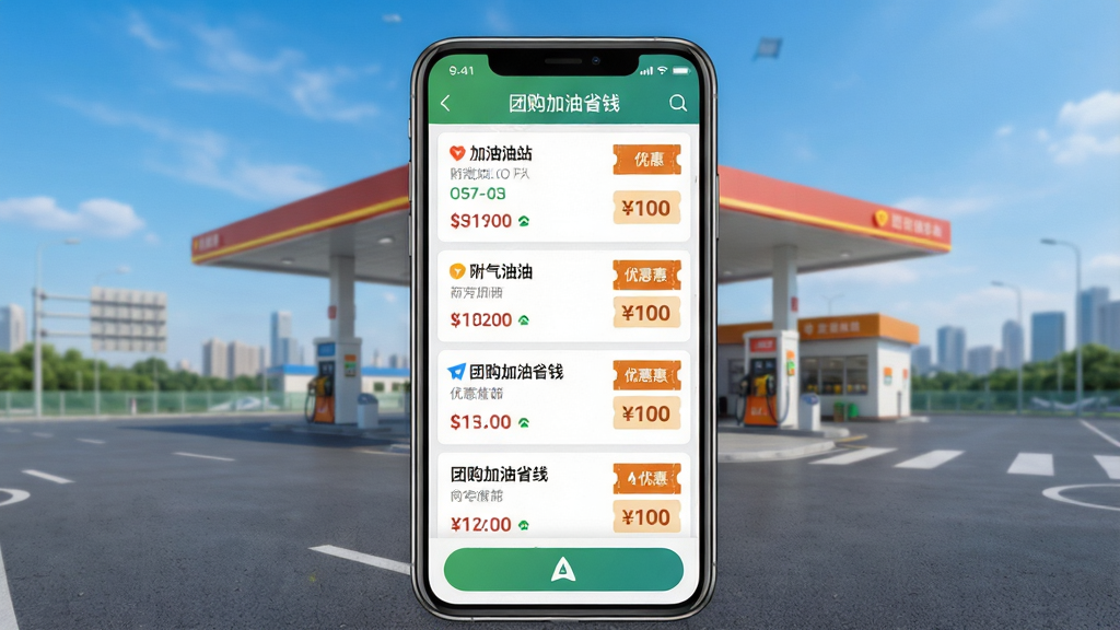 一张手机屏幕展示团购加油省钱软件首页界面,画面中央是加油站场景与手机重叠的构图,手机上显示附近油站列表和优惠价格标签,背景是城市道路与蓝天,整体风格为写实科技风,细节包括油价数字、优惠券图标、导航按钮,画质清晰,干净,无多余元素,图片中文字为“团购加油省钱”