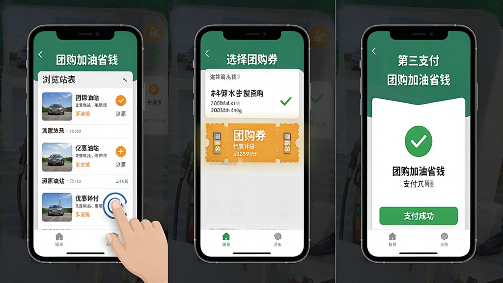 一张展示手机操作团购加油省钱软件步骤的示意图,画面主体是手机屏幕分三步展示,第一步浏览油站列表,第二步选择团购券,第三步到站支付,布局为横向三格排列,风格为简洁教程风,细节包括手指点击图标、优惠券高亮、支付成功打勾,画质清晰,干净,无多余元素,图片中文字为“团购加油省钱”