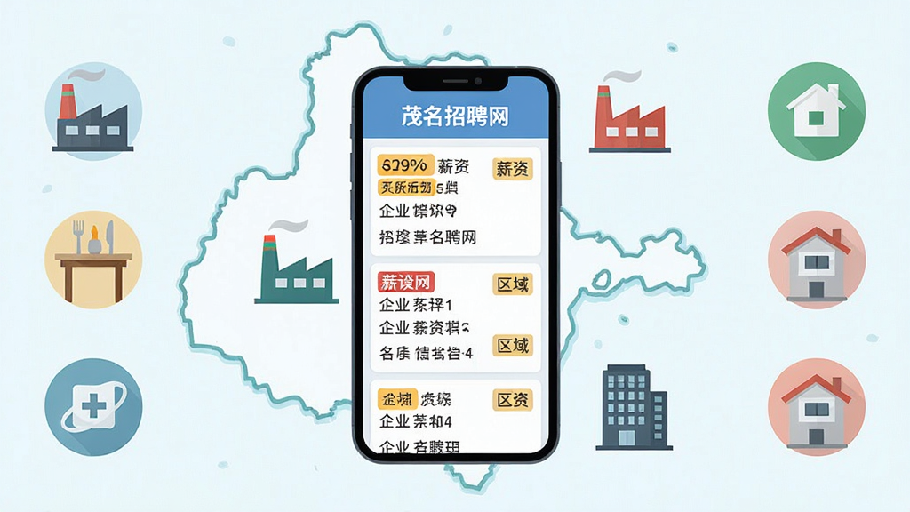 一张招聘信息聚合界面插画,画面中央是手机屏幕显示