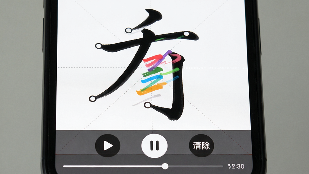 �ֻ���Ļ��д������չʾ�鷨����APP����д�켣�طŹ��ܣ���Ļ����ʾһ�����ֵĶ�����ɫ��д�켣�����������д�ϸ�仯������Ϊ��ɫ���ָ񣬽���ײ��в��š���ͣ������Ȳ�����ť�����Ϊ������Ӧ�ý��棬ϸ�ڰ����ʷ�������Բ������ʱ��������������ʸ��壬�ɾ����޶���Ԫ��