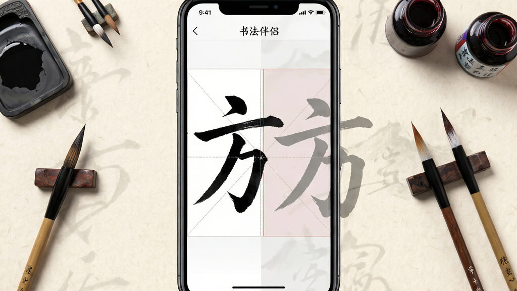 �ֻ���Ļ���湹ͼ����������չʾ�鷨����APP���棬��������ʾ����������ġҳ�棬�����ë���������֣��Ҳ��ǰ�͸��������򣬱���Ϊ�����׻�ɫ��ֽ��������Χɢ��ë�ʡ���̨��ī֭ƿ���ķ�Ԫ�أ����岼�ּ��ɾ������Ϊ�й����鷨ѧϰ������ϸ�ڰ����ʷ�������������Ӹ����ߣ����ʸ��壬�ɾ����޶���Ԫ��