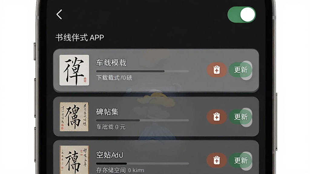 �ֻ�Ӧ�ý���չʾ������Ϊ�鷨����APP������ģʽҳ�棬��Ļ������ʾ���ع����б����б��а�����������ص��������뱮������ÿ����Ŀ�Ҳ���ɾ������°�ť������������ģʽ���أ�����Ϊ��ɫ����ģʽ�����Ϊ��๤����Ӧ�ã�ϸ�ڰ������ؽ�������洢�ռ���ʾ�����ʸ��壬�ɾ����޶���Ԫ��