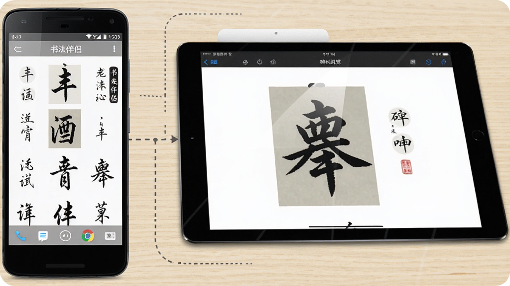�ֻ���ƽ�岢��չʾ���������Ϊ��׿�ֻ�������ʾ�鷨����APP�����ֽ��棬�Ҳ�Ϊƽ�������ʾͬһӦ�õı������ҳ�棬��̨�豸֮�����������ӱ�ʾͬ��������Ϊǳɫľ�����棬���Ϊ��Ʒչʾͼ��ϸ�ڰ����豸�߿���Ļ���������Ԫ�أ����ʸ��壬�ɾ����޶���Ԫ��