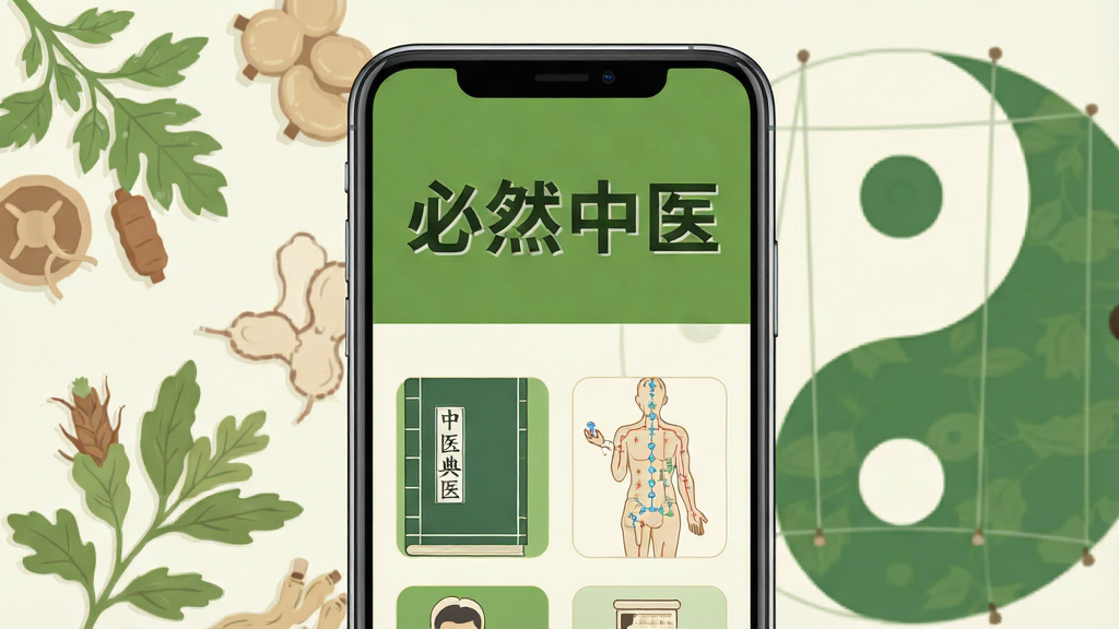 一张展示必然中医软件界面的图片,画面中央是一部智能手机,屏幕上显示着“必然中医”四个大字以及中医典籍和穴位图标的缩略图,背景是淡雅的中医草药和太极图案,采用扁平化设计风格,色彩以草绿色和米白色为主,细节清晰,画质干净,无多余元素