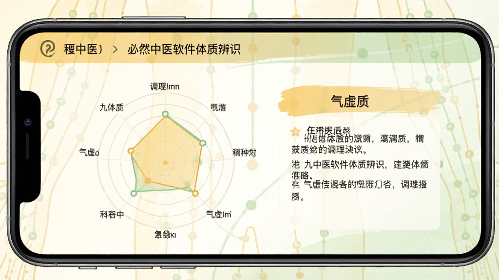 一张展示必然中医软件体质辨识界面的图片,手机屏幕显示着九种体质分类的雷达图和“气虚质”的调理建议文字,背景有淡淡的经络线条装饰,风格柔和,色彩以暖黄色和浅绿色为主,画质干净,无多余元素