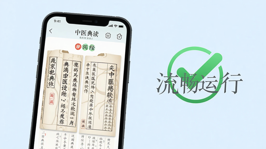 一张展示必然中医软件在手机上运行流畅的图片,画面中手机屏幕显示着中医典籍阅读界面,旁边有“流畅运行”的绿色对勾图标,背景为简洁的浅蓝色,画质清晰,无多余元素