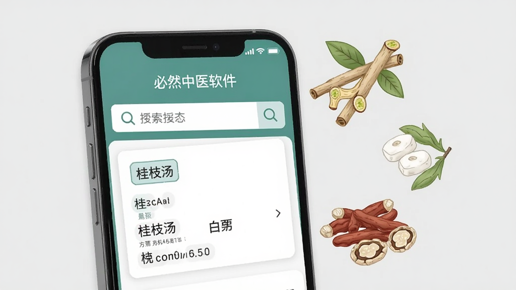 一张展示必然中医软件方剂检索功能的图片,画面中手机屏幕显示着搜索框和“桂枝汤”的方剂详情卡片,旁边漂浮着几味中药材的插画,如桂枝、白芍,整体风格清新简约,背景为浅灰色,画质清晰,无多余元素
