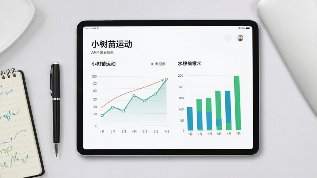 画面展示一个平板电脑屏幕,上面显示“小树苗运动”APP的成长档案图表,包括折线图和柱状图;屏幕旁边有一支笔和一本记录本;背景为浅灰色,布局采用居中偏左构图,风格为简约商务,细节上突出数据可视化元素,画质高清,画面干净,无多余元素