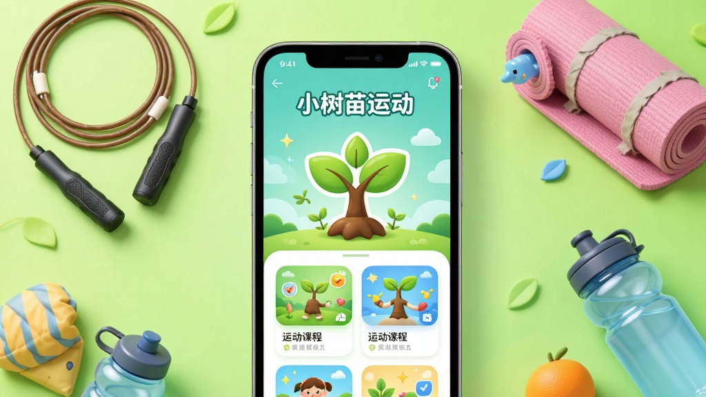 画面中央展示一部智能手机,屏幕上显示“小树苗运动”APP的首页界面,界面中有卡通树苗形象和运动课程卡片;手机周围环绕着跳绳、瑜伽垫、运动水壶等元素;背景为明亮的浅绿色渐变,整体布局采用居中构图,风格清新卡通风,细节上突出儿童运动主题和软件图标,画质高清,画面干净,无多余元素