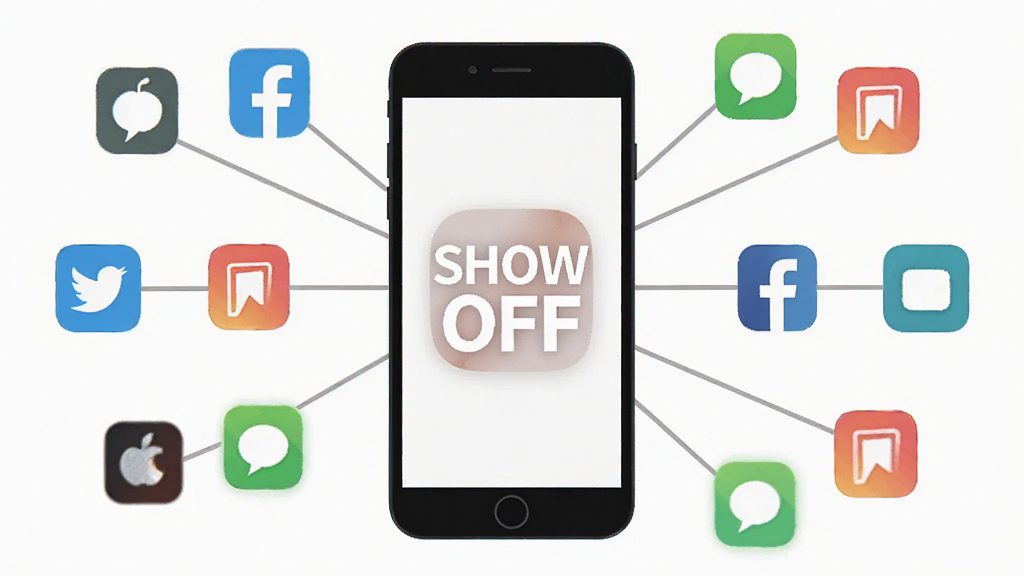 �ֻ���ĻչʾSHOW OFFӦ�õĶ�ƽ̨ͬ�����棬�������ж���罻ƽ̨ͼ�껷���ֻ���ͨ���������ӣ�����ͻ���ֻ���ͼ�꣬���ֳʷ���״�����Ϊ��ƽ����ƣ�ϸ�ڰ�����ɫͼ�ꡢ������������ʸ��壬����������