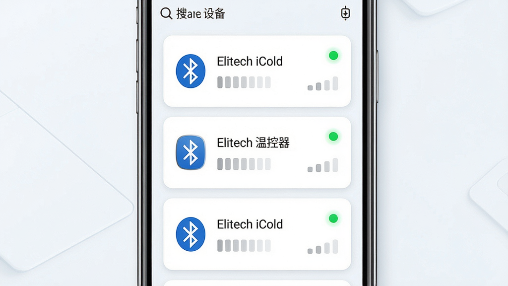 Elitech Tools �������ӹ���չʾͼ������Ϊ�ֻ���Ļ��ʾ�豸�����б�����������Ϊ���� Elitech �¿����豸��Ƭ�������У��Ű������½ṹ�����Ϊ��ˬǳɫ�Ƽ��磬ϸ�ڰ�����ɫ����ͼ�ꡢ��ɫ����Բ�㡢�豸���ơ�Elitech iCold����Elitech �¿��������ź�ǿ�ȸ��������ʸ��壬�ɾ����޶���Ԫ��