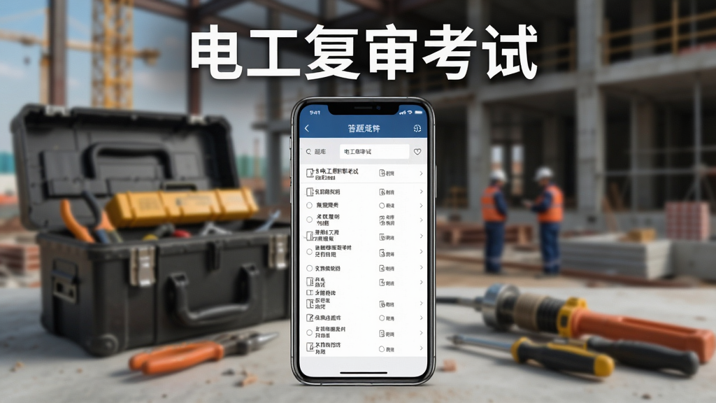 电工复审考试软件功能展示图,画面中央为手机屏幕,屏幕内显示题库列表和答题界面,题目文字清晰,选项排列整齐,屏幕上方有电工复审考试字样,背景为工地和工具箱的虚化场景,风格写实,细节丰富,画质高清,干净整洁无多余元素