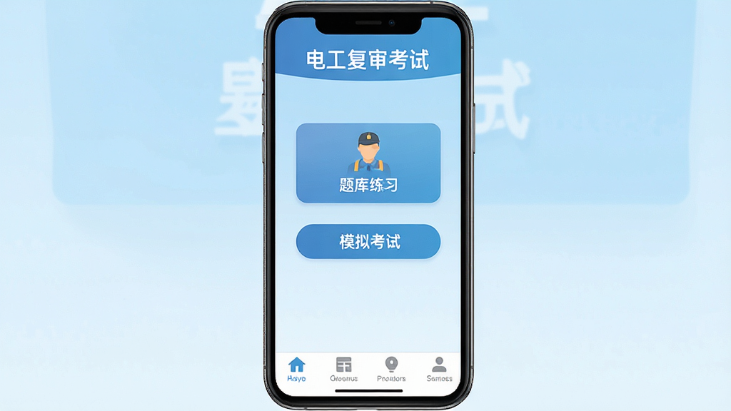 手机屏幕展示电工复审考试软件主界面,顶部标题栏写有电工复审考试字样,中间为题库练习入口和模拟考试按钮,底部导航栏清晰可见,背景为浅蓝色渐变,整体布局简洁规整,扁平化UI设计风格,细节精致,画质清晰,干净无多余元素
