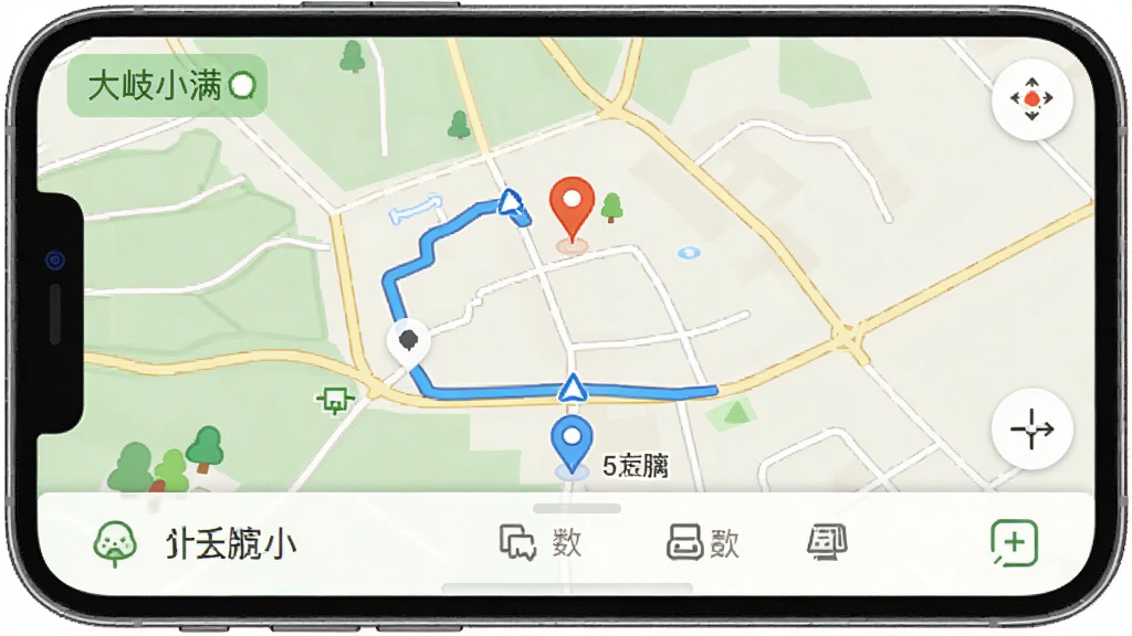 画面展示手机屏幕上的“大岐小满”导航界面,主体为地图路线和农庄定位标记,布局为全屏地图叠加底部信息栏,风格简洁实用,细节包含道路线条、定位图标和距离提示,画质清晰,干净,无多余元素