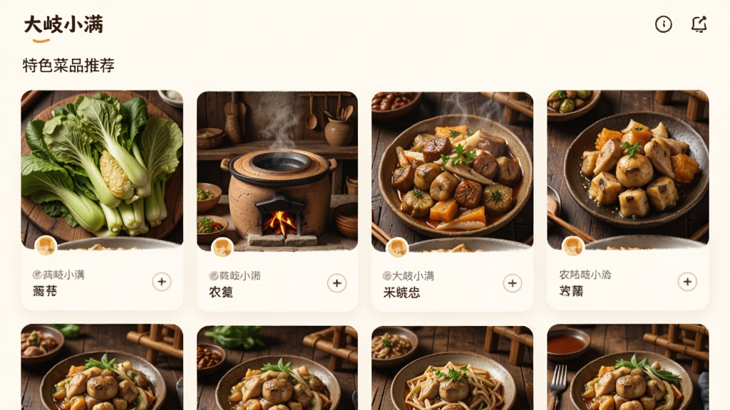 画面展示“大岐小满”应用中的特色菜品推荐页面,主体为多张菜品卡片排列,布局为网格状,风格温暖诱人,细节包含新鲜蔬菜、农家土灶和木质餐桌,画质细腻,干净,无多余元素
