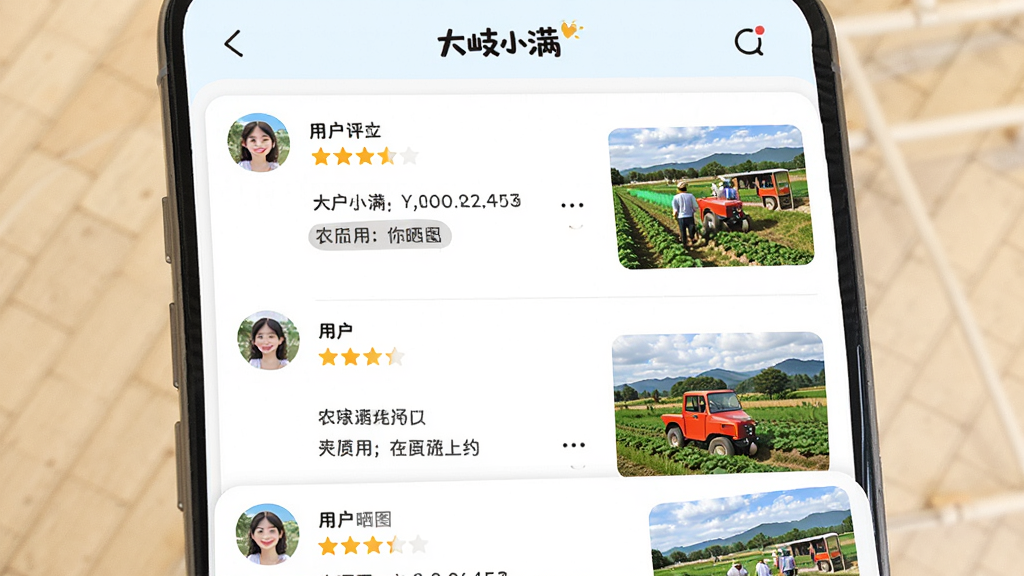 画面展示“大岐小满”应用的社区互动页面,主体为用户评价列表和晒图区域,布局为上下滑动信息流,风格亲切活泼,细节包含用户头像、星级评分和农庄实景照片,画质明亮,干净,无多余元素
