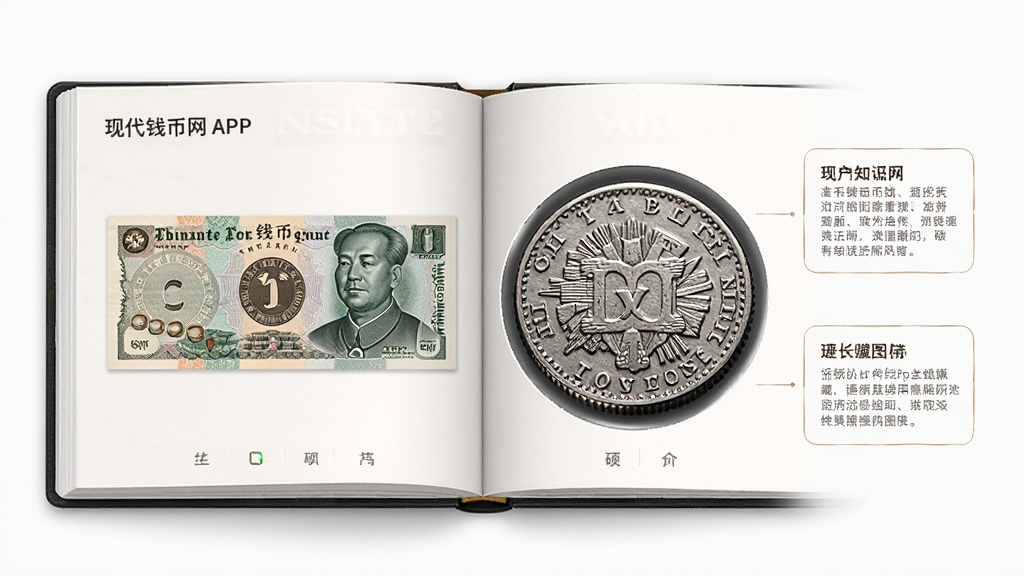现代钱币网APP知识库页面,画面展示一本翻开的电子图册,左页是纸币高清正面图,右页是硬币细节放大图,旁边配有文字说明框,整体排版像一本精致的收藏图鉴,风格素雅,画质细腻,干净整洁,适合软件功能介绍配图
