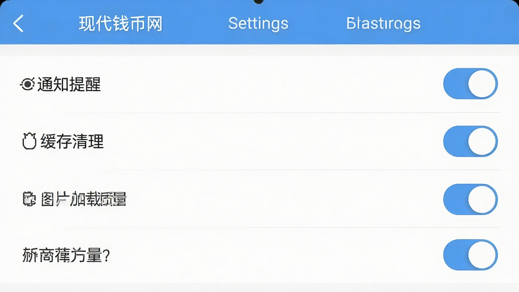 现代钱币网APP设置页面截图,画面中显示多个设置选项开关,包括通知提醒、缓存清理、图片加载质量等,界面风格简洁,按钮清晰,排版整齐,画质高清,干净无多余元素,适合作为操作指南配图