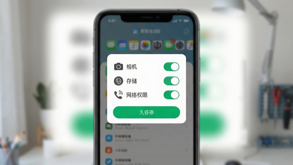 一张展示摩商管安装设置引导的示意图,主体为手机屏幕显示权限授权弹窗,布局为居中弹窗、背景虚化;排版上弹窗内列出相机、存储、网络权限开关;风格为简洁扁平化;细节包含权限图标、允许按钮高亮;画质清晰,画面干净,无多余元素。