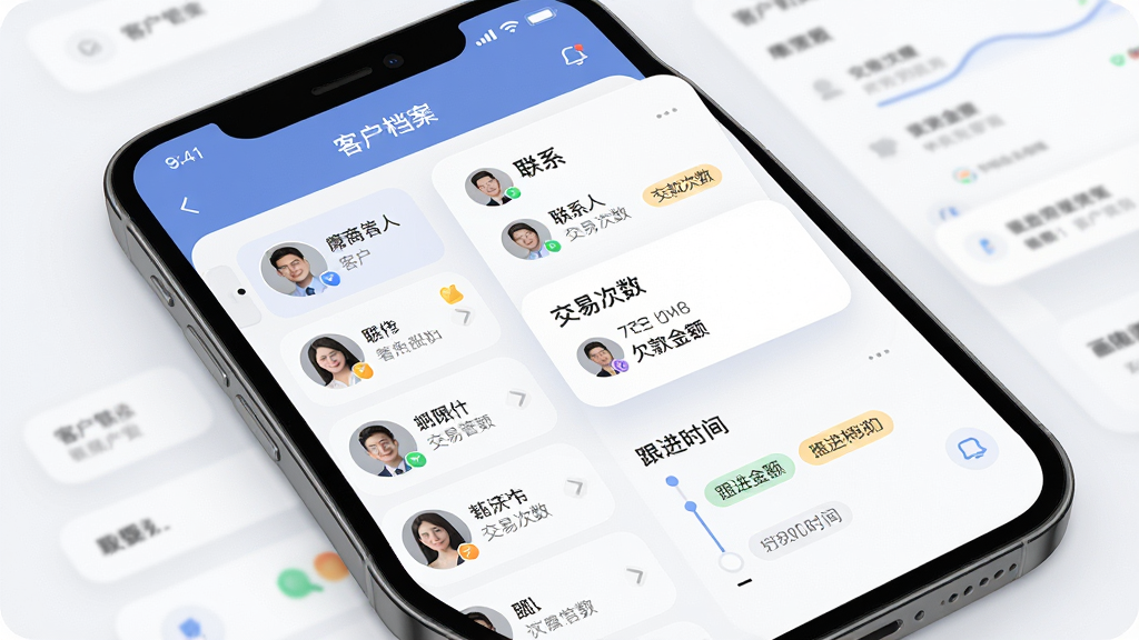 一张展示摩商管客户管理与团队协作功能的界面图,主体为手机屏幕中的客户档案页面,布局为左侧客户头像列表、右侧详情卡片;排版上显示联系人、交易次数、欠款金额;风格为柔和圆角商务风;细节包含角色权限标签、跟进时间线;画质高清,画面干净,无多余元素。