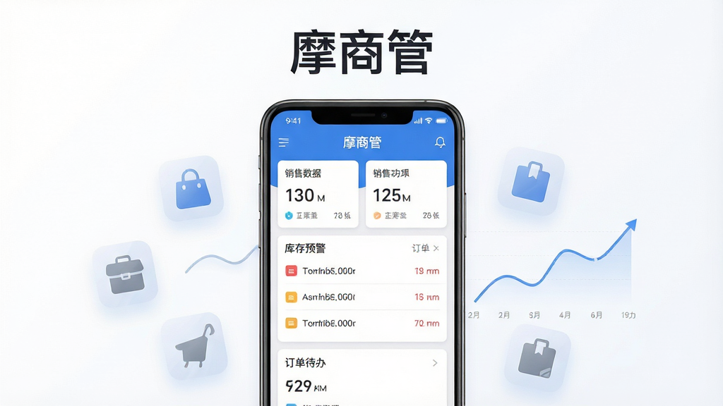 一张展示摩商管移动端管理界面的宣传图,主体为一部竖屏安卓手机,屏幕内呈现摩商管应用的仪表盘页面,包含销售数据卡片、库存预警列表和订单待办模块;布局采用居中构图,手机两侧点缀半透明的商品图标与数据折线;排版简洁,上方留白放置软件名称“摩商管”;风格为现代商务扁平化设计,配色以蓝白灰为主;细节上屏幕内文字清晰、图标圆润、数据卡片带有轻微投影;画质高清,画面干净,无多余元素。