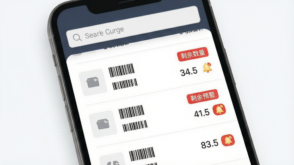 一张展示摩商管库存预警功能的界面图,主体为手机屏幕中的库存列表,布局为顶部搜索框、中部商品条目;排版上每条商品右侧显示剩余数量与红色预警标签;风格为简约商务风;细节包含条形码图标、库存数字、预警铃铛图标;画质高清,画面干净,无多余元素。
