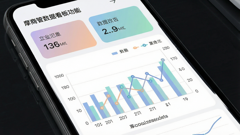 一张展示摩商管数据看板功能的界面图,主体为手机屏幕中的图表页面,布局为上方汇总数字卡片、下方柱状图与折线图组合;排版上图表占据主要区域,配色柔和;风格为现代数据可视化风格;细节包含坐标轴、数据点、图例说明;画质清晰,画面干净,无多余元素。