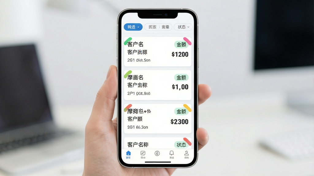 一张展示摩商管订单管理功能的界面图,主体为手机屏幕中的订单列表页面,布局为顶部筛选标签、中部订单卡片纵向排列;排版上每张卡片显示客户名称、金额、状态标签;风格为清爽浅色商务风;细节包含状态角标、金额数字加粗、底部导航栏;画质清晰,画面干净,无多余元素。