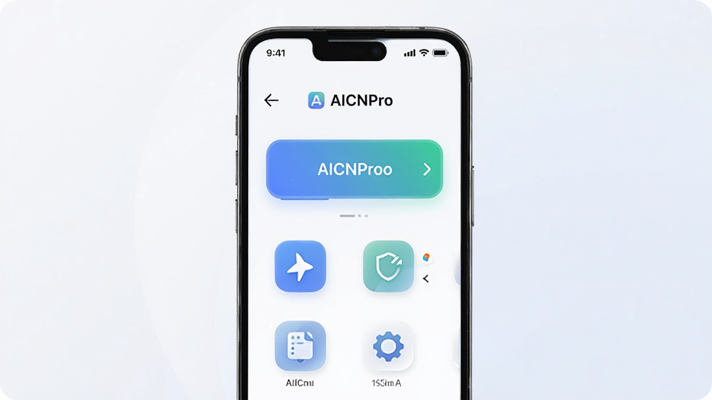 一张展示 AICNPro 手机应用界面的图片,画面中央是手机屏幕,屏幕内显示 AICNPro 的主页,有智能生成按钮和功能图标,背景是简洁的浅色渐变,布局干净,风格现代科技感,细节包括圆角图标和清晰文字,画质高清,干净,无多余元素