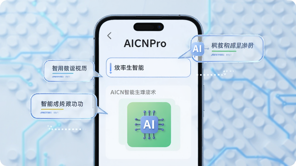 一张展示 AICNPro 智能生成功能的图片,画面中手机屏幕显示输入框和生成结果,有文字气泡和AI图标,背景是淡蓝色科技纹理,布局居中,风格简洁明快,细节包括发光边框和清晰字体,画质高清,干净,无多余元素
