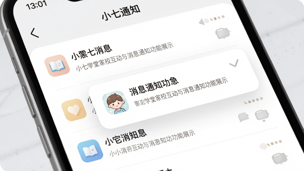 С��ѧ�ü�У��������Ϣ֪ͨ����չʾͼ������Ϊ�ֻ���Ļ��д����Ļ����ʾ��Ϣ�б���֪ͨ������������ɫ��ͣ�ͼ�꾫�£�����Ϊ���ŻҰ�ɫ���������ǳɫ��ϸ�ڷḻ�����ʸ��壬�ɾ��޶���Ԫ��