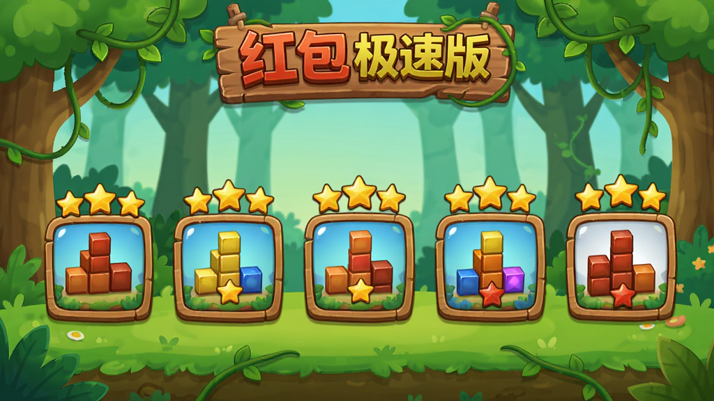 游戏关卡选择界面,展示多个关卡图标从易到难排列,每个关卡上有星星评分,背景为卡通森林场景,消方块红包极速版标题位于顶部,风格为休闲游戏UI,细节包括木质标牌、藤蔓装饰,画质清晰,干净,无多余元素