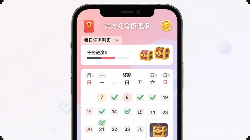 手机界面显示每日任务列表与签到日历,日历上打勾标记,旁边有金币和宝箱图标,背景为柔和的粉紫色调,消方块红包极速版文字出现在顶部,风格为清新扁平化,细节包括任务进度条、奖励预览小图,画质清晰,干净,无多余元素