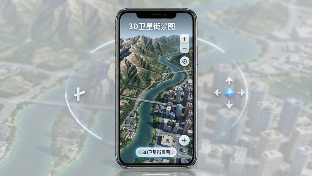 一张手机屏幕展示3D卫星街景图软件界面的图片,画面主体为手机竖屏,屏幕内呈现三维立体卫星地图,能看到山脉、河流与城市建筑群,地图上悬浮着缩放和旋转按钮,布局简洁清晰,排版以手机居中展示,风格为科技感写实风,细节包括地图纹理细腻、光影自然、界面按钮带轻微发光效果,画质高清,画面干净,无多余元素,图中文字标注“3D卫星街景图”