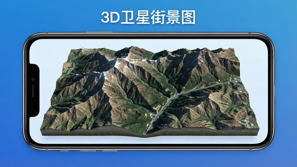 一张展示3D卫星街景图三维地形呈现功能的图片,画面主体为手机屏幕内呈现的立体山脉地形,布局为手机居中,背景为渐变蓝色,排版突出三维起伏感,风格为写实地理风,细节包括山脊线、山谷阴影、地表纹理,画质高清,画面干净,无多余元素,图中文字标注“3D卫星街景图”