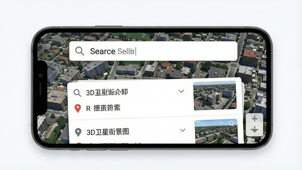 一张展示3D卫星街景图地点快速检索功能的图片,画面主体为手机屏幕中显示搜索框和搜索结果列表,布局为手机居中,排版突出搜索交互,风格为简洁工具风,细节包括搜索图标、地点名称、地图缩略图,画质高清,画面干净,无多余元素,图中文字标注“3D卫星街景图”