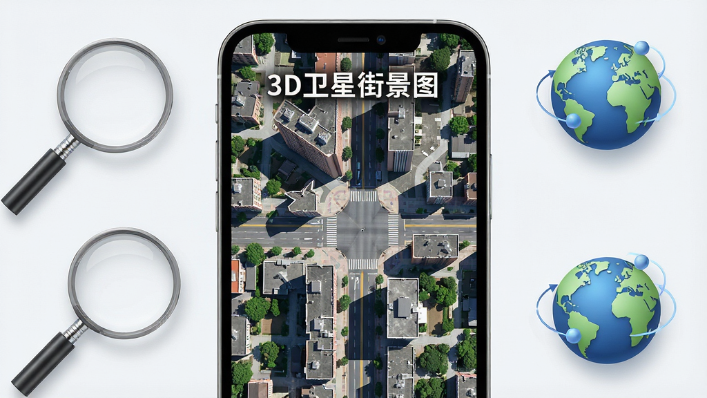 一幅展示3D卫星街景图高清卫星影像功能的画面,主体为手机屏幕中显示的城市卫星俯视图,布局以手机为中心,周围环绕着放大镜和地球图标,排版突出高清细节,风格为写实科技风,细节包括建筑物阴影、道路标线、绿色植被清晰可见,画质高清,画面干净,无多余元素,图中文字标注“3D卫星街景图”