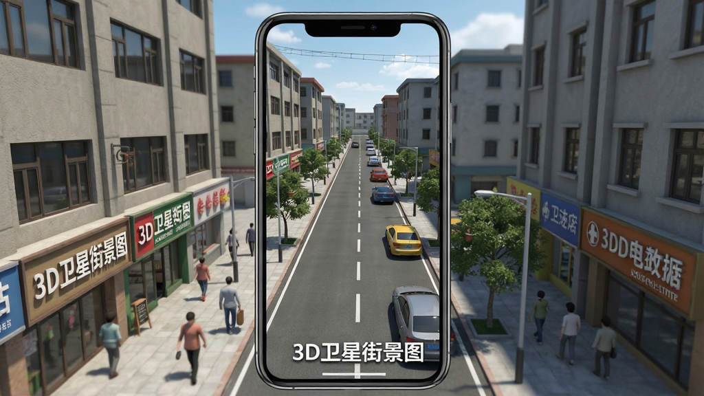 一幅展示3D卫星街景图街景漫游功能的画面,主体为手机屏幕中显示的城市街道实景,布局为手机竖屏居中,排版突出街道两侧建筑与道路,风格为写实生活风,细节包括行人、车辆、店铺招牌、行道树,画质高清,画面干净,无多余元素,图中文字标注“3D卫星街景图”