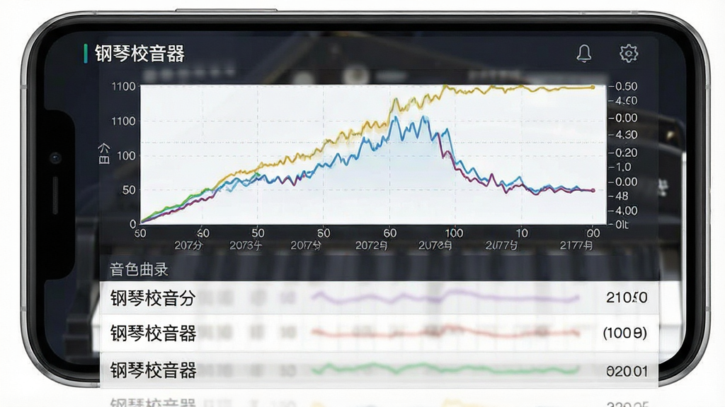 一张展示钢琴校音器历史记录与偏差曲线功能的图片,主体为手机屏幕显示折线图与数据列表,布局为上方图表下方记录条目,排版规整,风格为数据可视化界面,细节包括曲线走势、音分刻度、日期标签与