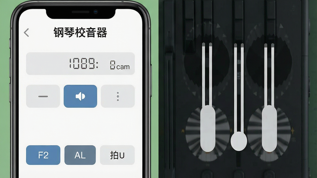 一张展示钢琴校音器多模式校音与节拍器功能的图片,主体为手机屏幕显示校音模式切换按钮与节拍器摆锤动画,布局为左右分栏展示两种功能界面,排版清晰,风格为扁平化设计,细节包括