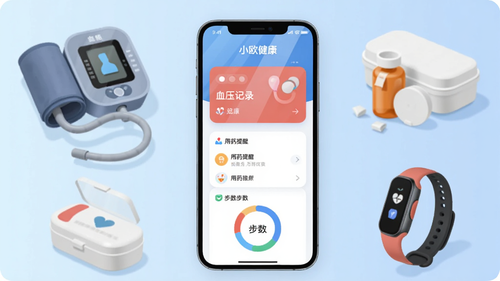画面中央放置一部智能手机,屏幕上显示“小欧健康”应用主界面,界面中包含血压记录卡片、用药提醒列表和步数环形图,手机周围环绕着血压计、药盒、运动手环等健康管理物品,背景为浅蓝色渐变,整体布局采用居中构图,风格为扁平化科技插画,细节上手机屏幕有轻微反光、物品有柔和阴影,画质清晰,干净,无多余元素
