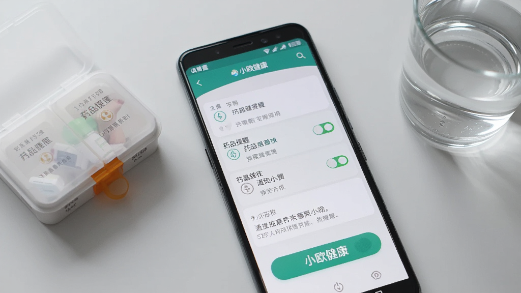 一部安卓手机显示“小欧健康”的提醒设置页面,页面上有多个药品提醒开关和通知权限提示,手机旁边放着一个药盒和一杯水,背景为浅灰色桌面,风格为清晰的产品截图展示,细节上屏幕内容完整、按钮状态可见,画质清晰,干净,无多余元素