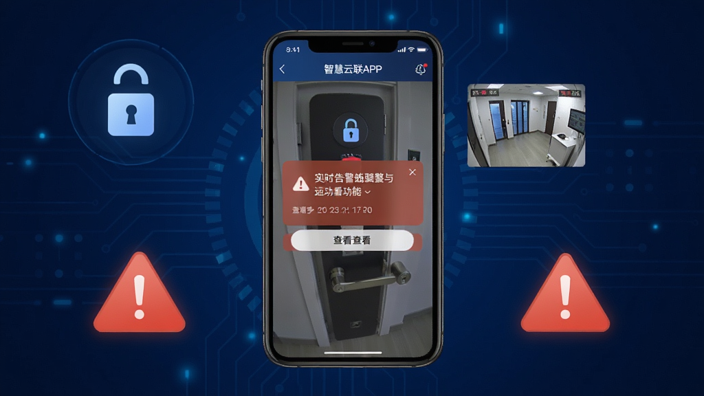 智慧云联APP的实时告警与远程查看功能展示图,画面中手机屏幕显示一条告警通知弹窗和摄像头实时画面,画面中有门锁图标和监控画面小窗,手机旁边有警示感叹号图标,背景为深蓝色科技风格,风格为现代UI设计,布局为手机居中加告警元素点缀,细节包括时间戳和查看按钮,画质高清、干净、无多余元素