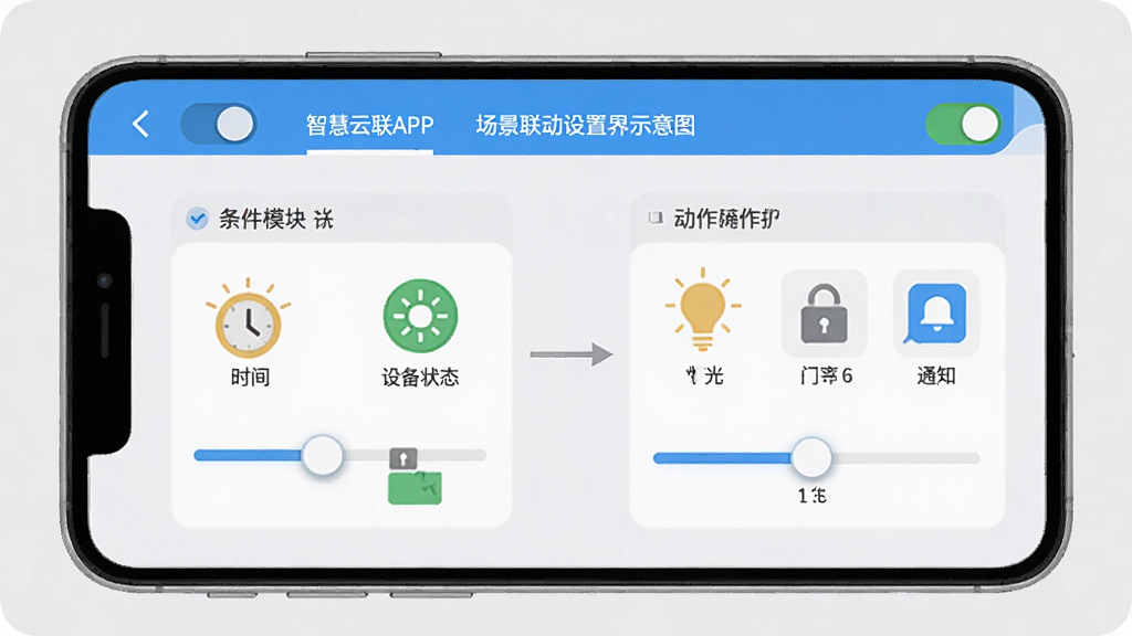 智慧云联APP的场景联动设置界面示意图,画面中手机屏幕显示场景编辑页面,包含条件模块和动作模块,条件模块中有时间、设备状态图标,动作模块中有灯光、门锁、通知图标,模块之间用箭头连接,背景为浅灰色,风格为简洁商务扁平化设计,布局清晰,细节包括开关按钮和滑块,画质高清、干净、无多余元素